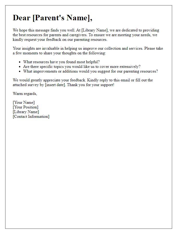 Letter template of library parenting resources request for feedback