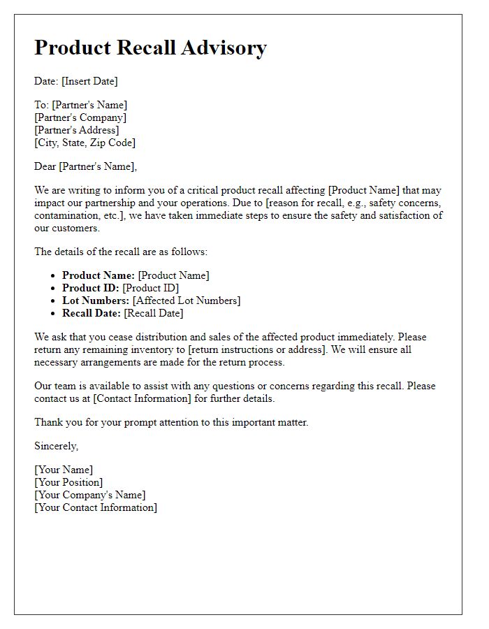 Letter template of advisory on product recall for partners.