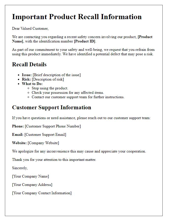 Letter template of customer support information for product recall.