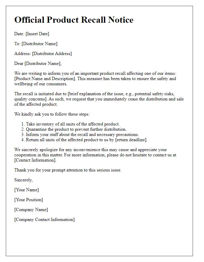 Letter template of official product recall for distributors.