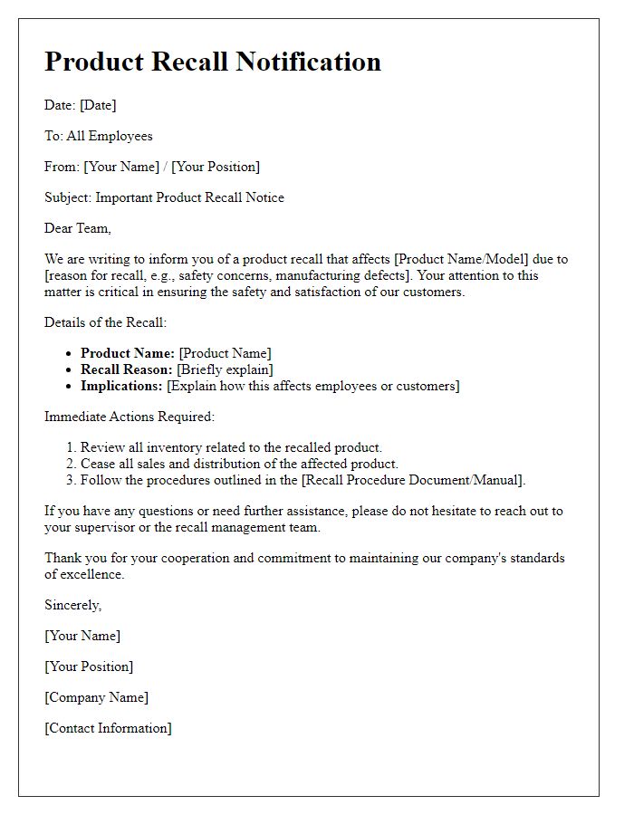 Letter template of product recall communication for employees.