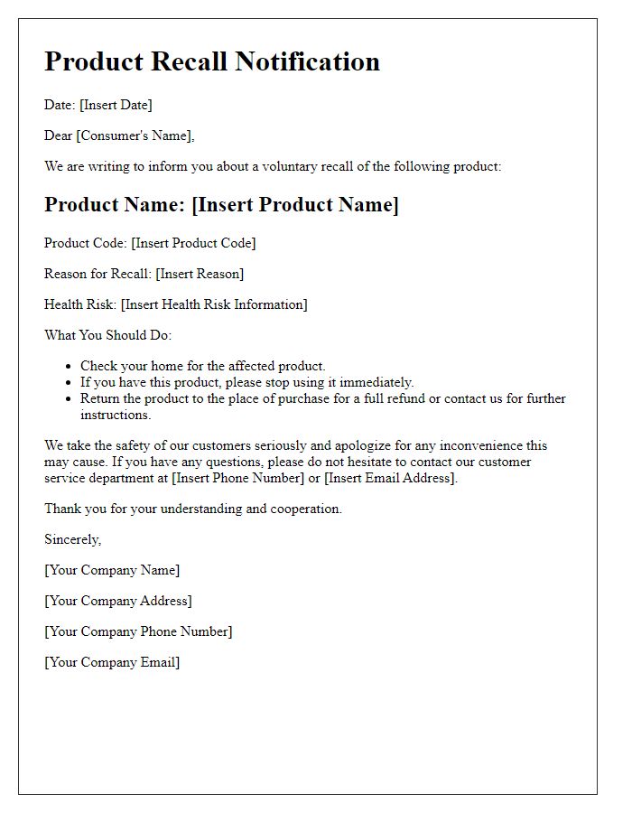 Letter template of product recall notification for consumers.