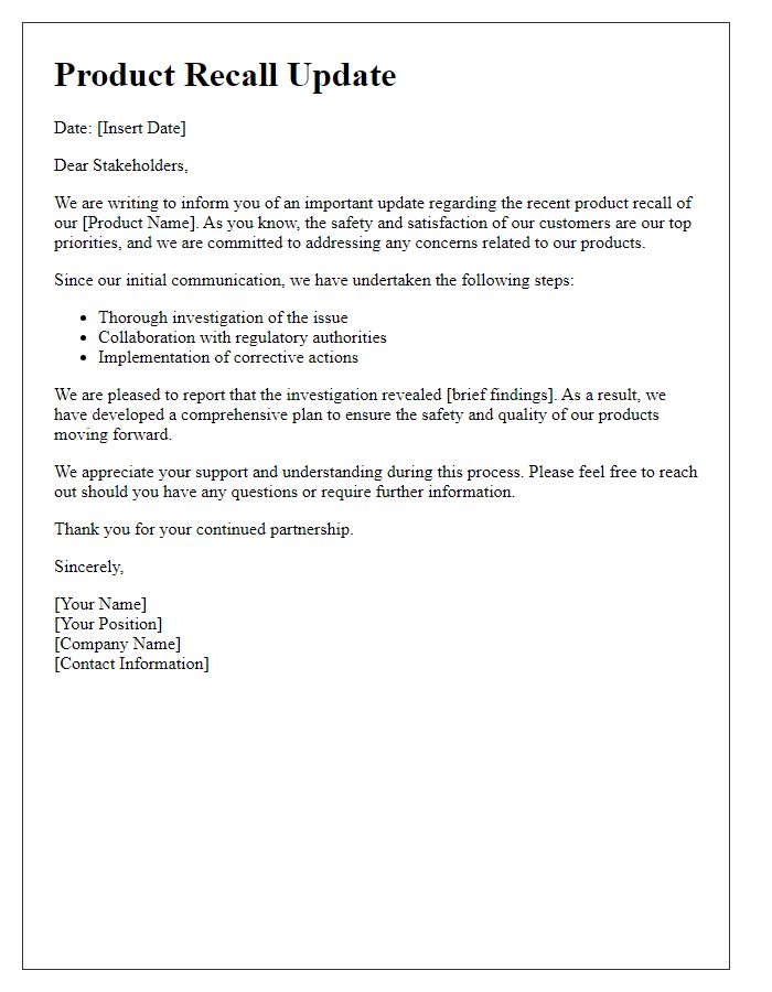 Letter template of product recall update for stakeholders.