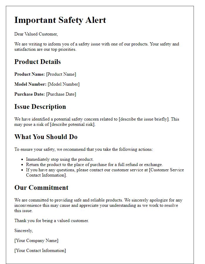 Letter template of product safety alert for customers.