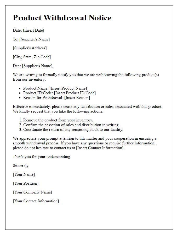 Letter template of product withdrawal notice for suppliers.