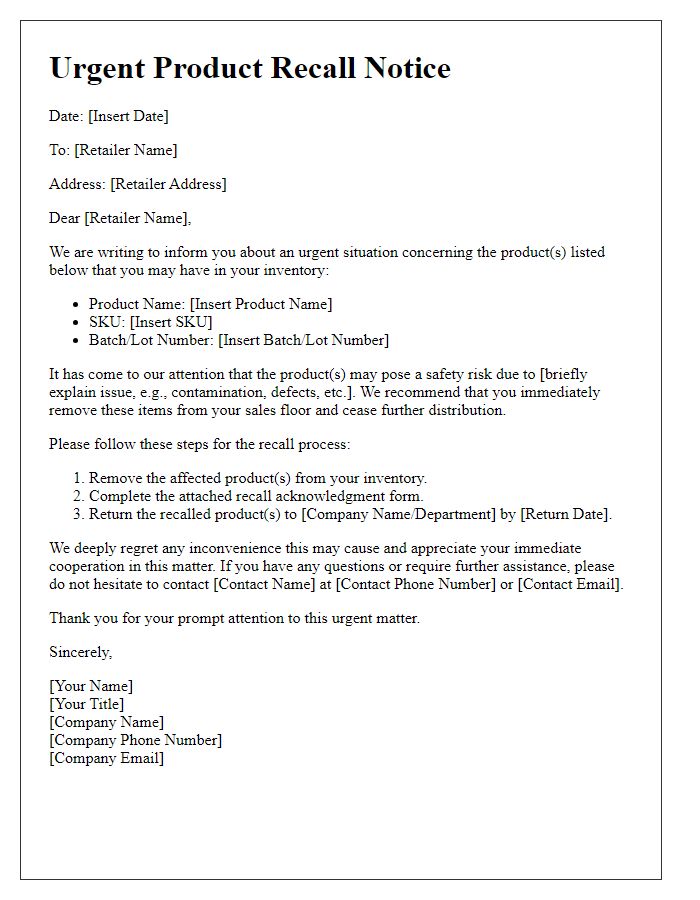 Letter template of urgent product recall for retailers.