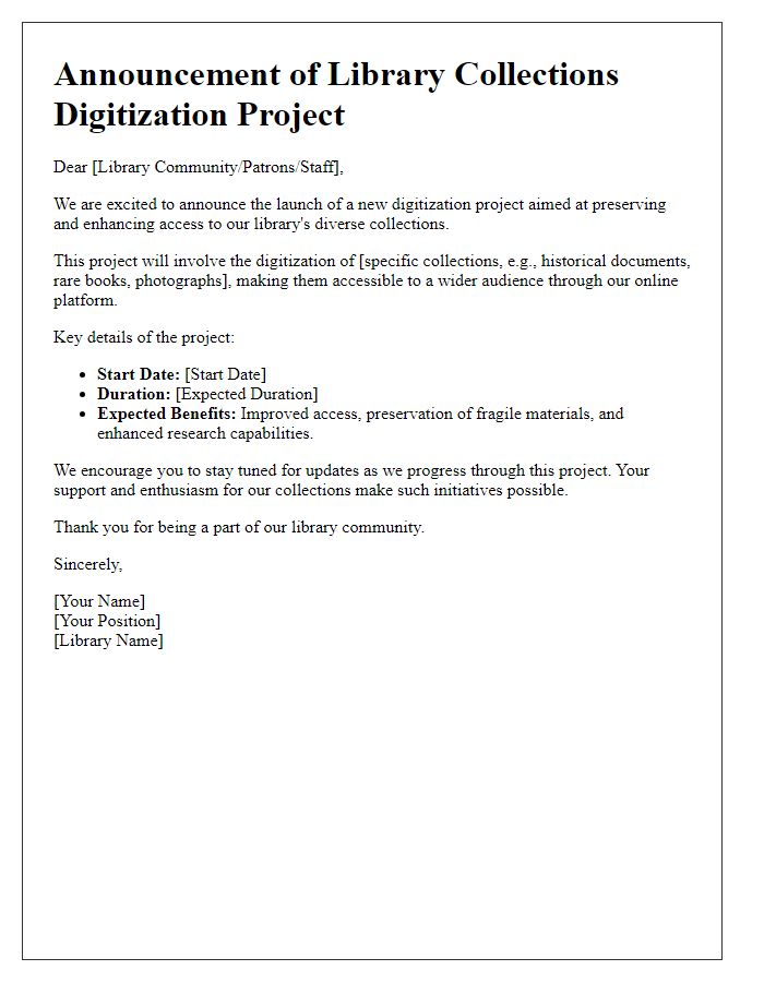 Letter template of digitization project announcement for library collections