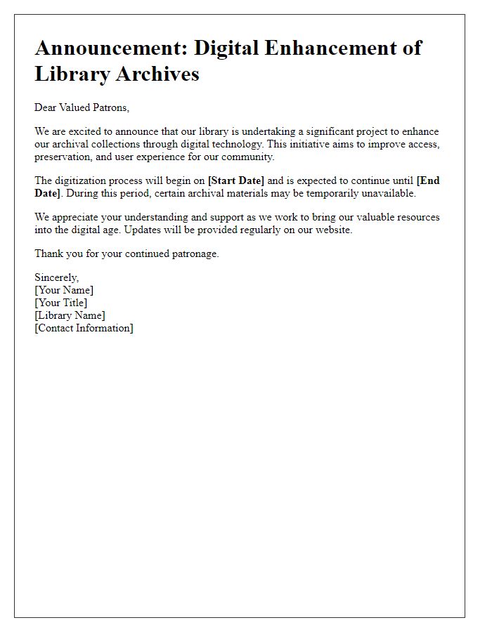 Letter template of library archives digital enhancement announcement