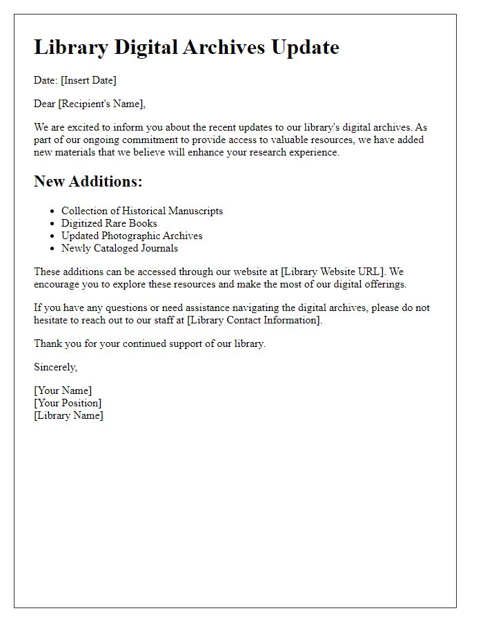 Letter template of library digital archives update