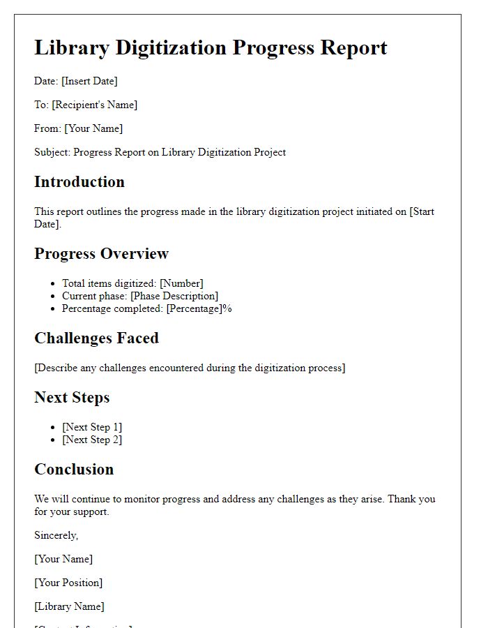 Letter template of library digitization progress report