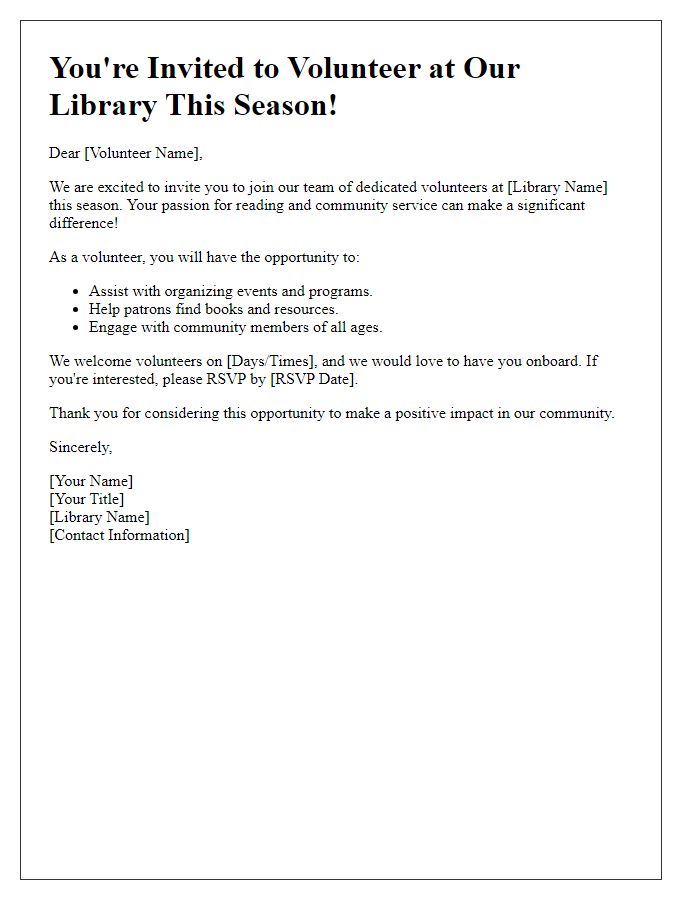 Letter template of Invitation to Volunteer at the Library This Season