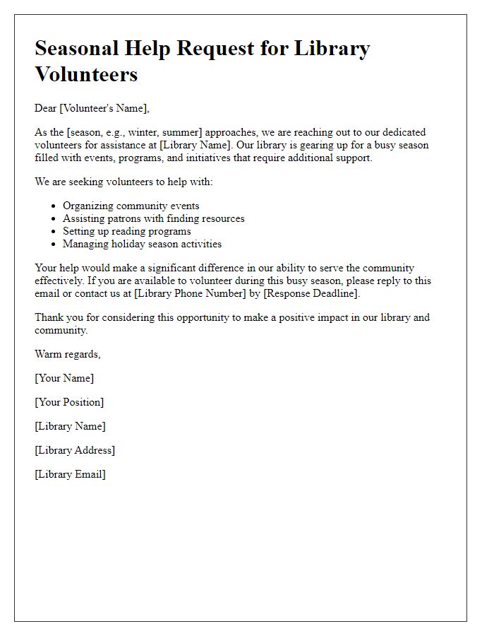 Letter template of Seasonal Help Request for Library Volunteers