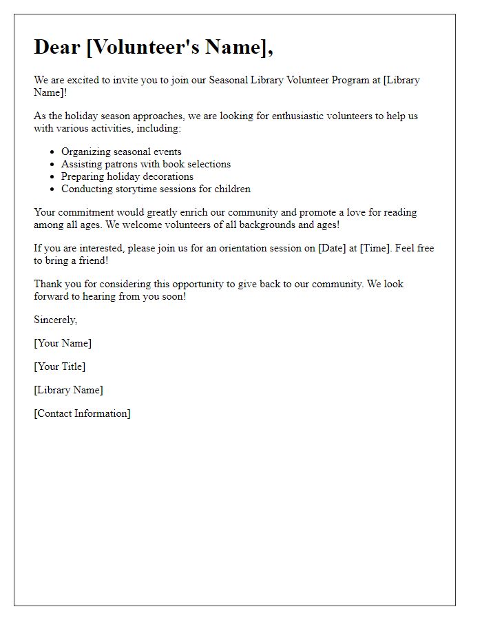 Letter template of Seasonal Library Volunteer Invitation