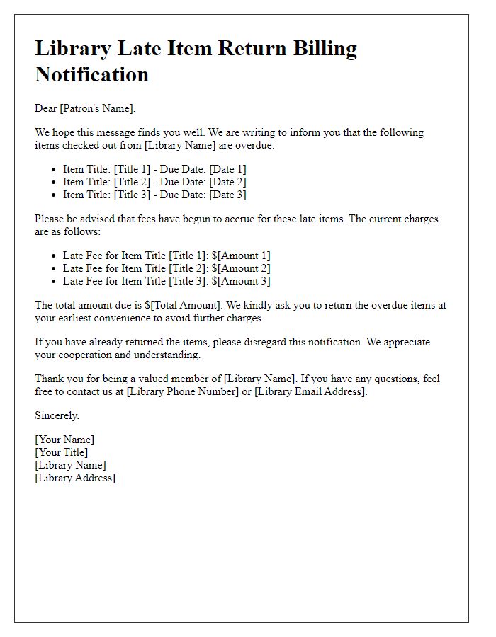 Letter template of library late item return billing notification