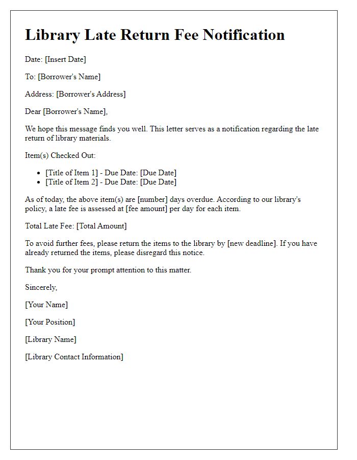 Letter template of library late return fee assessment