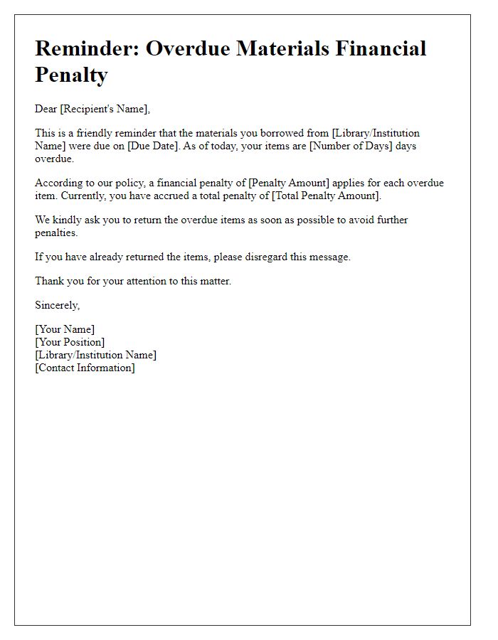 Letter template of overdue materials financial penalty reminder