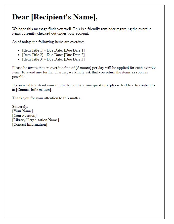 Letter template of overdue return fine awareness message