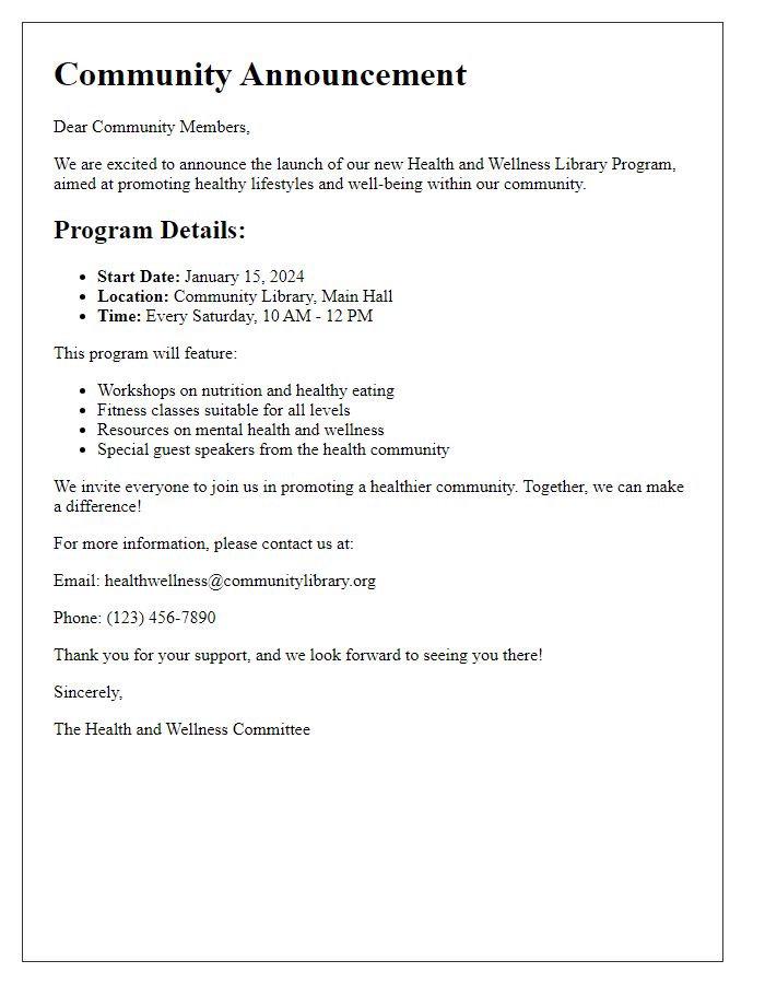 Letter template of health and wellness library program community announcement