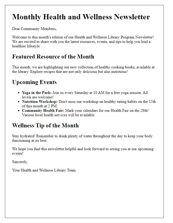 Letter template of health and wellness library program newsletter