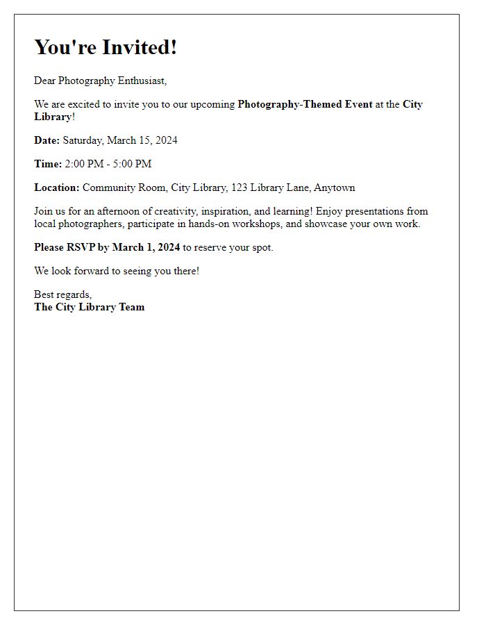 Letter template of an invitation to a library photography-themed event.