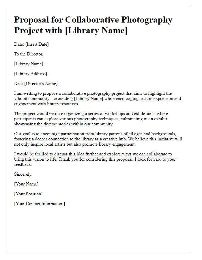 Letter template of a proposal for a collaborative photography project with the library.