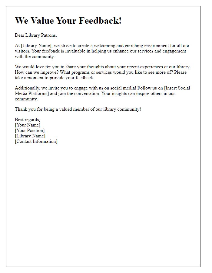 Letter template of library feedback request for social media engagement