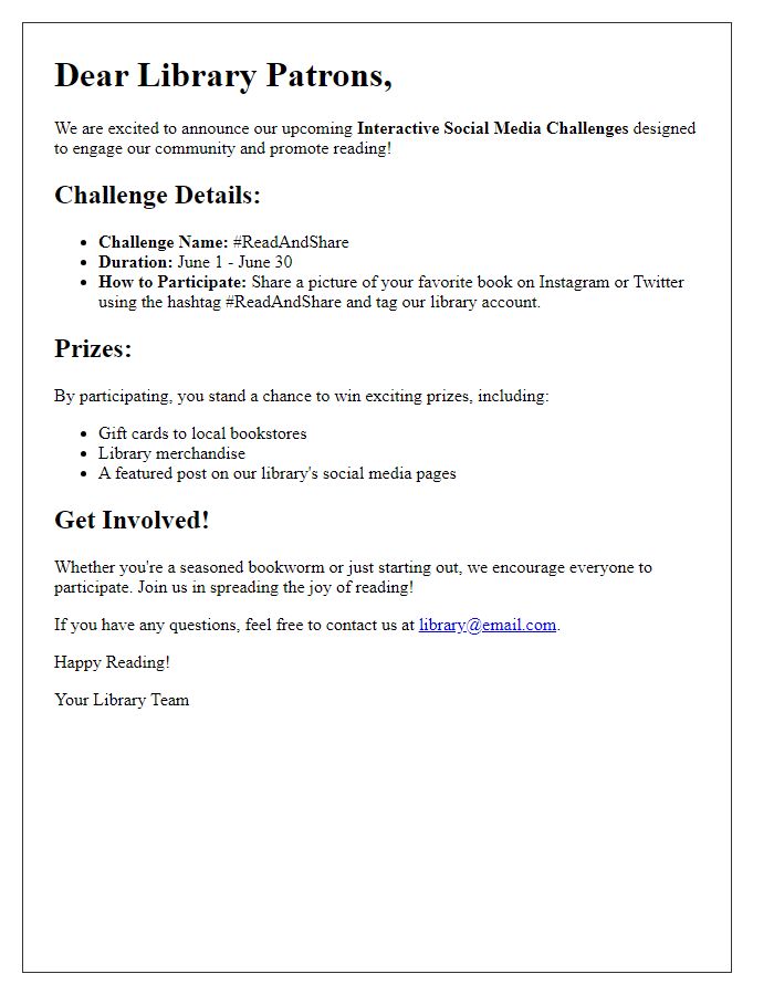 Letter template of library interactive social media challenges