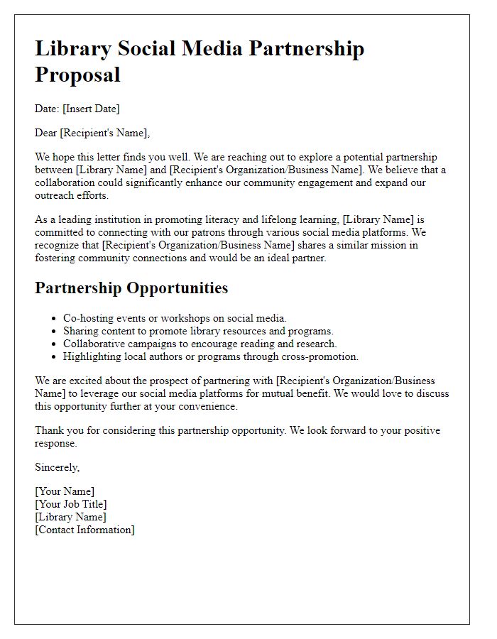 Letter template of library social media partnership opportunities