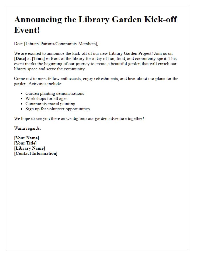 Letter template of announcement for library garden kick-off event.