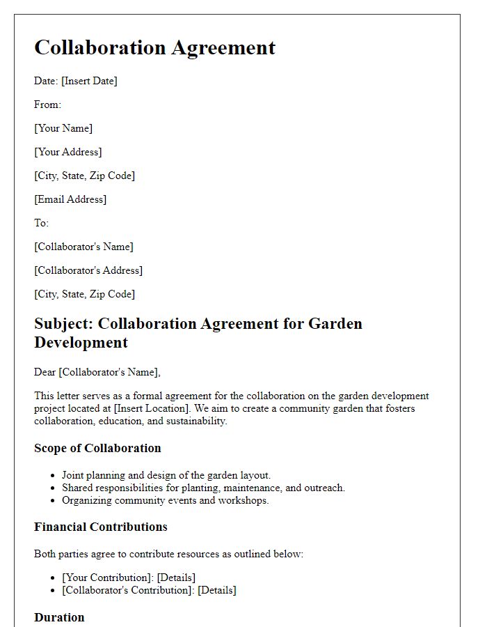 Letter template of collaboration agreement for garden development.