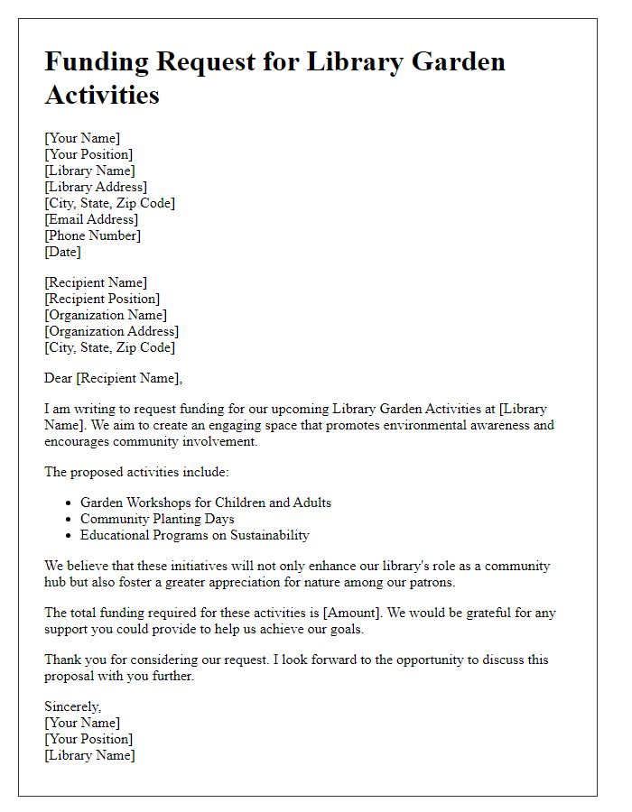 Letter template of funding request for library garden activities.