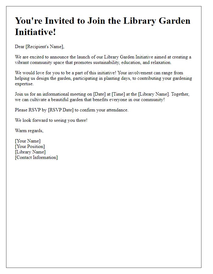 Letter template of invitation to join library garden initiative.