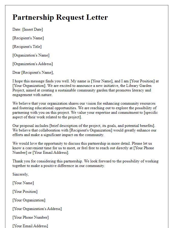 Letter template of partnership request for library garden project.