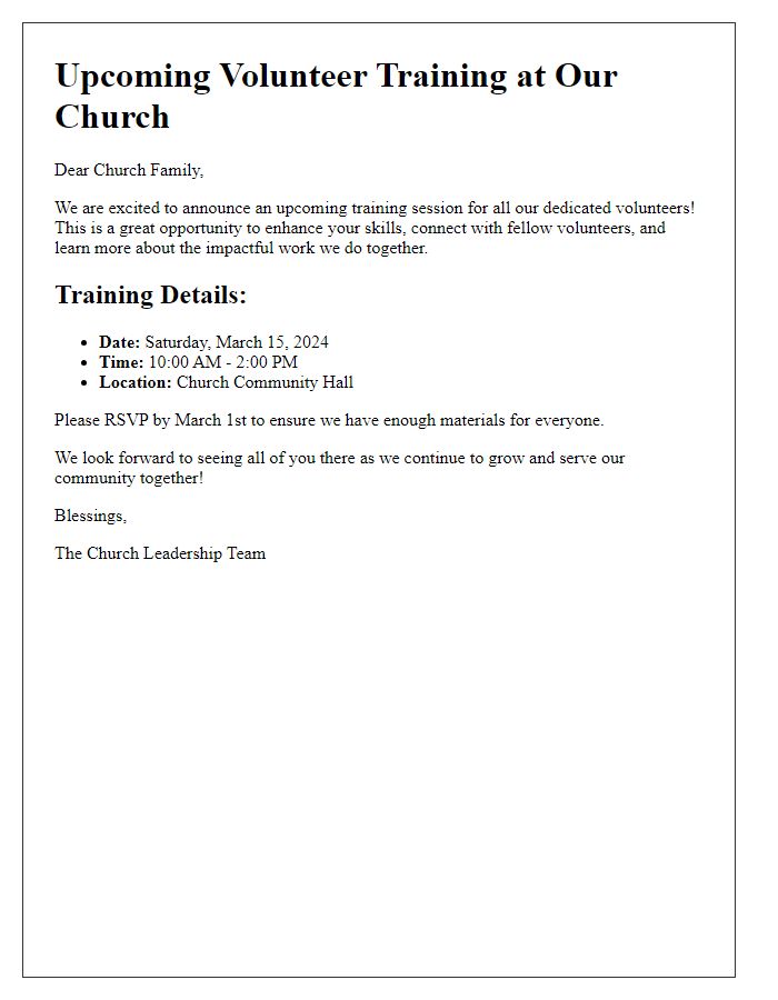 Letter template of Announcement for Upcoming Volunteer Training at Church