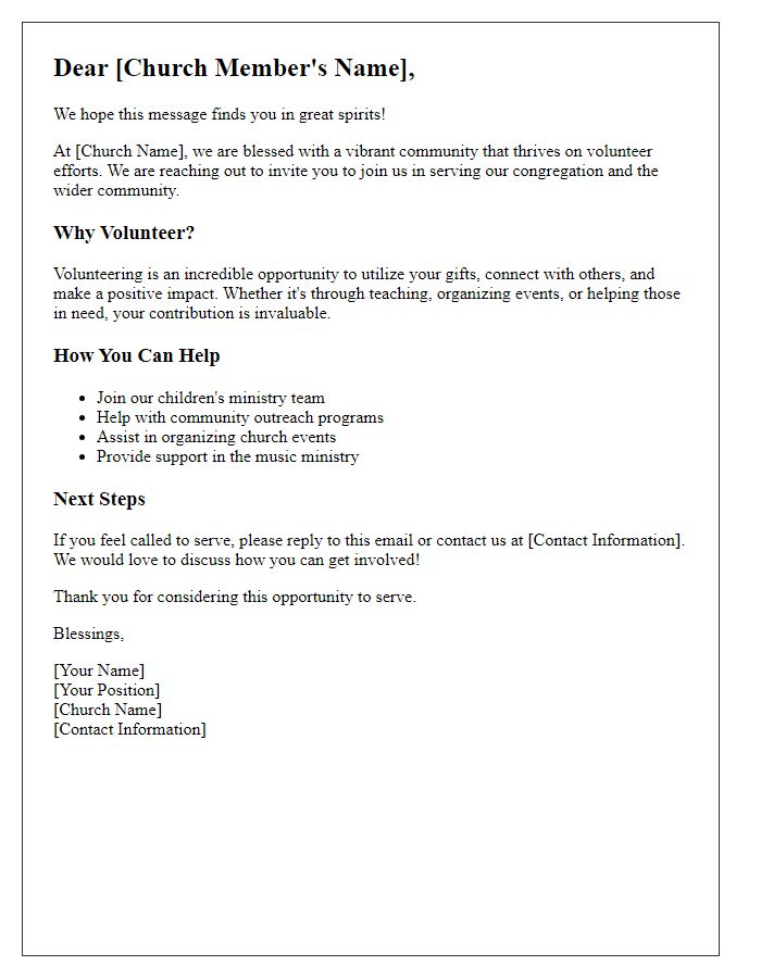 Letter template of Call to Action for Church Volunteers