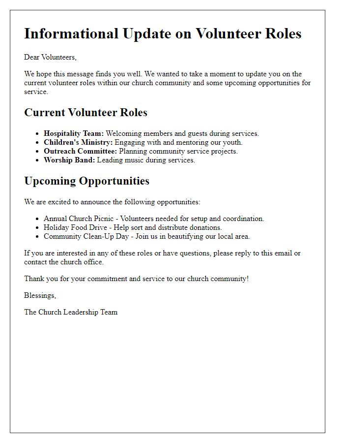 Letter template of Informational Update on Volunteer Roles in Church