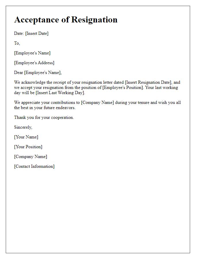 Letter template of Acceptance Notification for Resignation