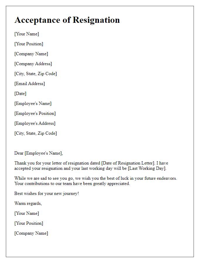 Letter template of Acceptance of Resignation with Best Wishes