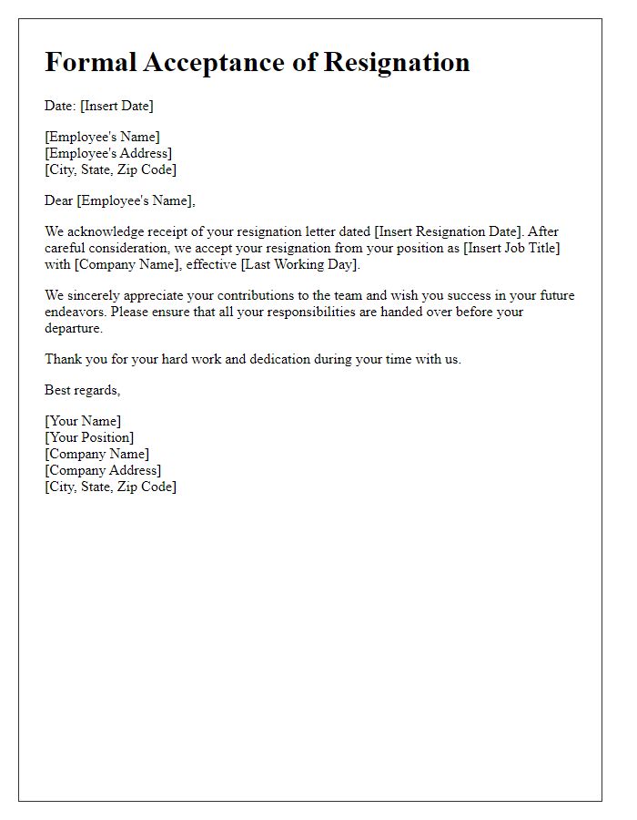 Letter template of Formal Acceptance of Resignation