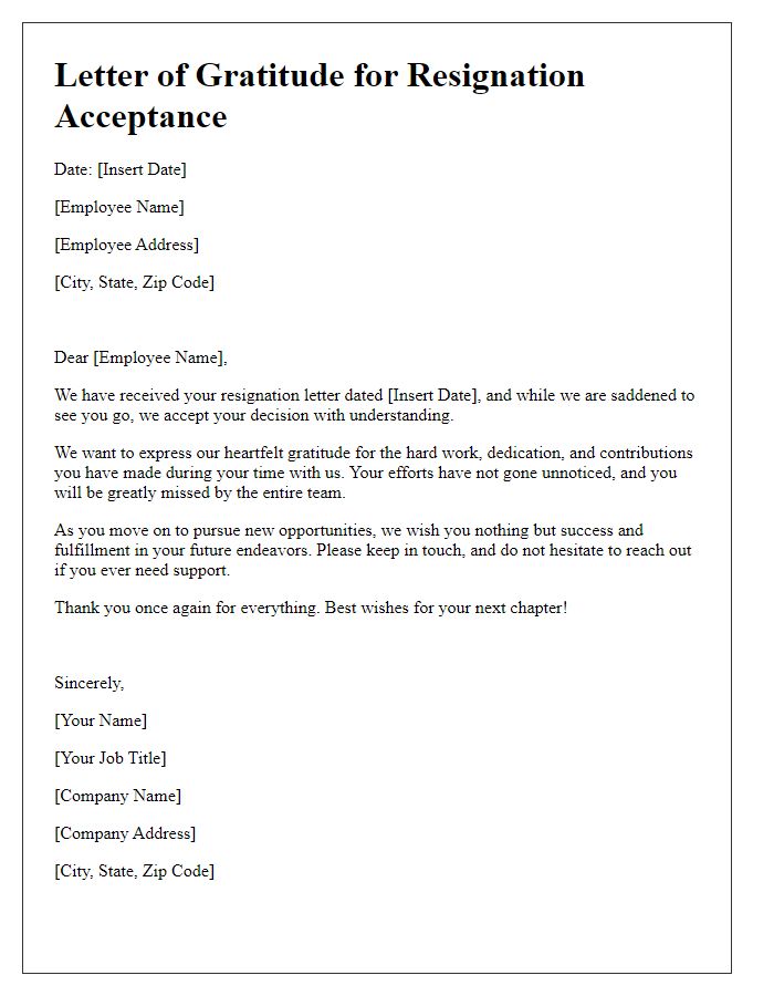 Letter template of Gratitude for Employee Resignation Acceptance