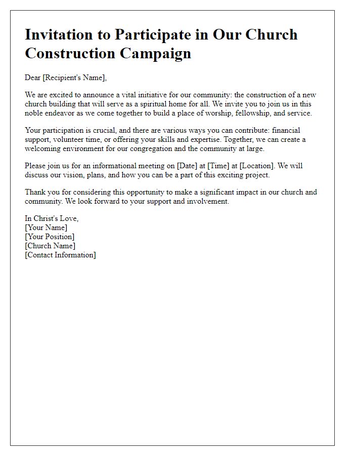 Letter template of invitation to participate in church construction campaign