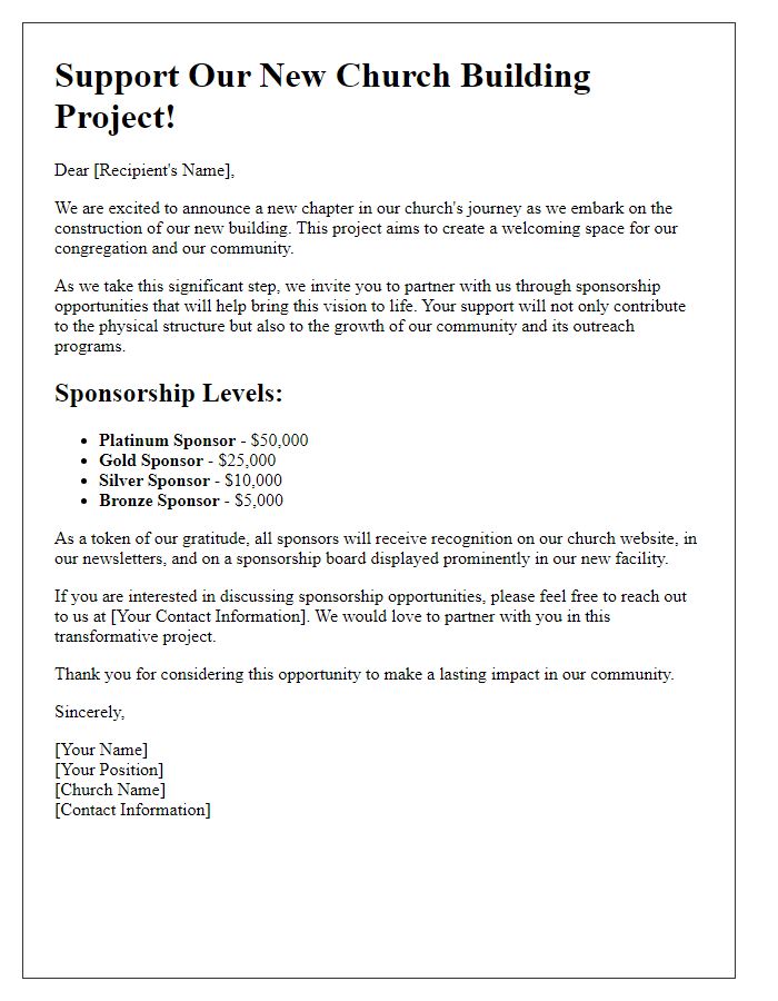 Letter template of sponsorship opportunities for church building