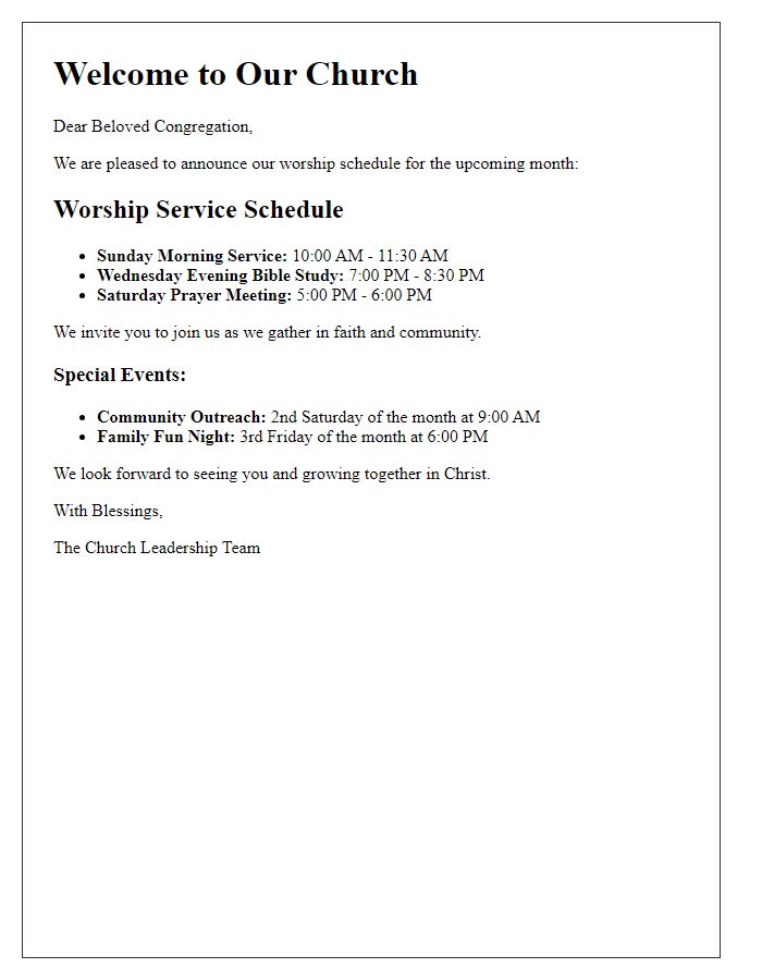 Letter template of church worship schedule