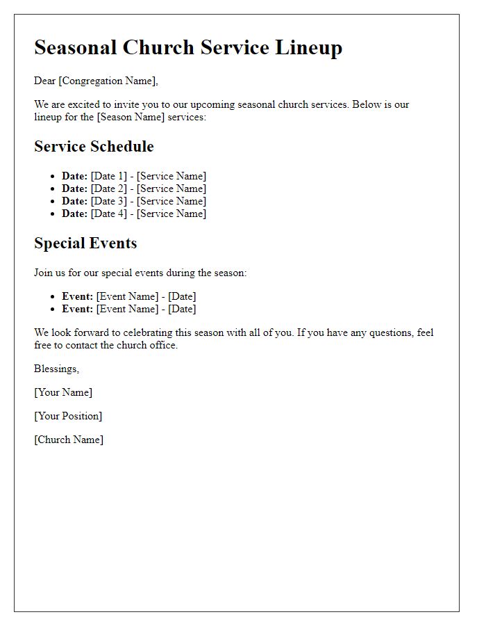 Letter template of seasonal church service lineup
