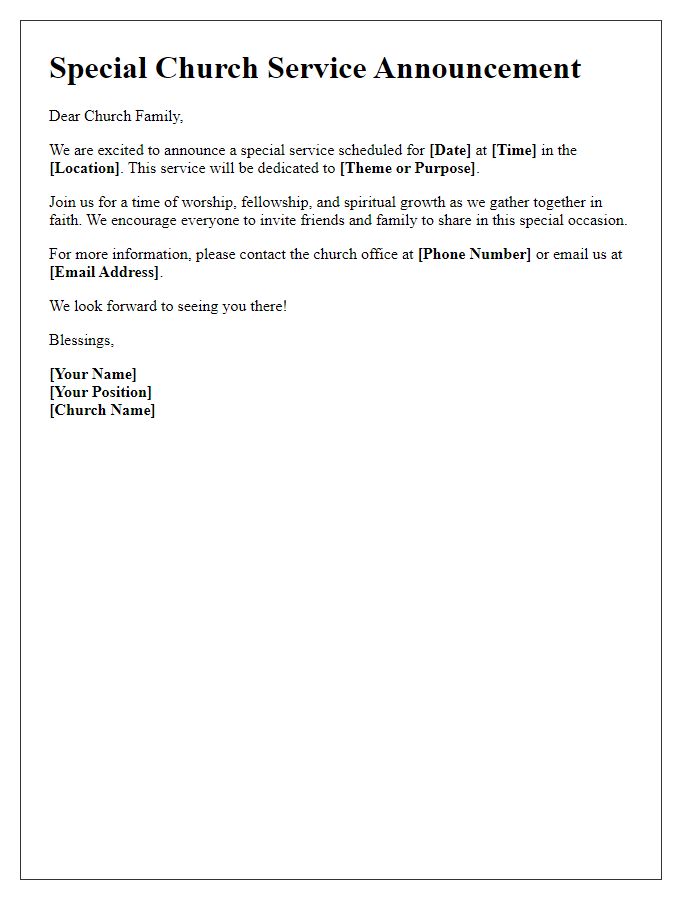 Letter template of special church service announcements