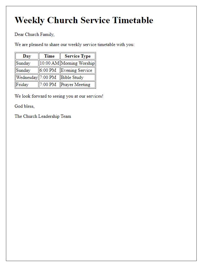 Letter template of weekly church service timetable