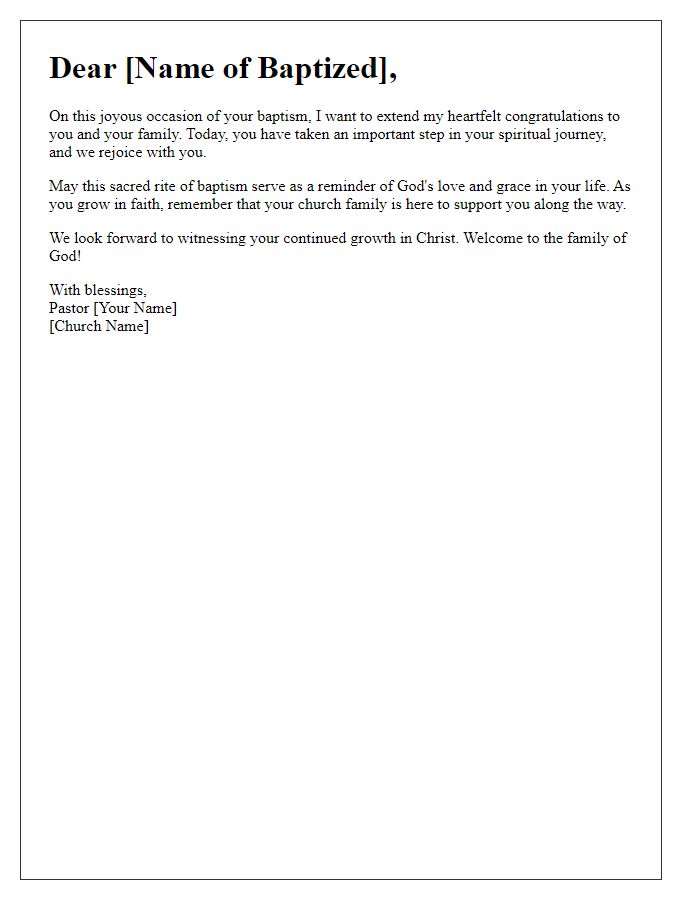 Letter template of church baptism greeting from the pastor