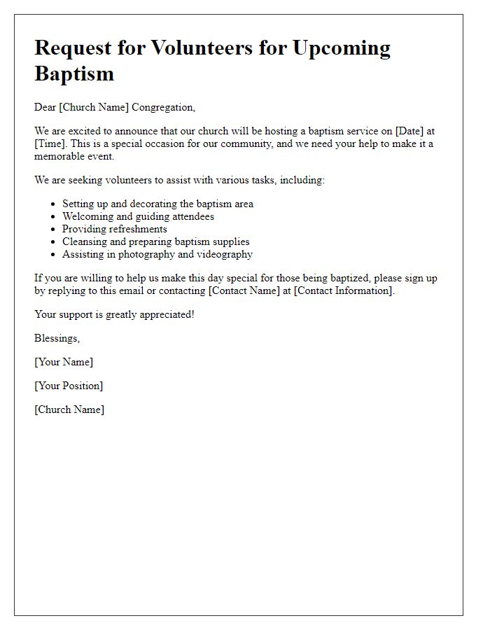 Letter template of church baptism request for volunteers