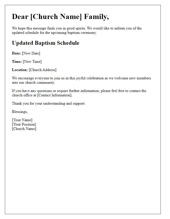 Letter template of church baptism schedule update