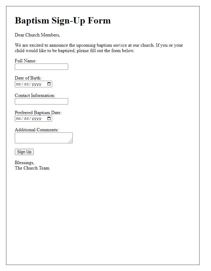 Letter template of church baptism sign-up form